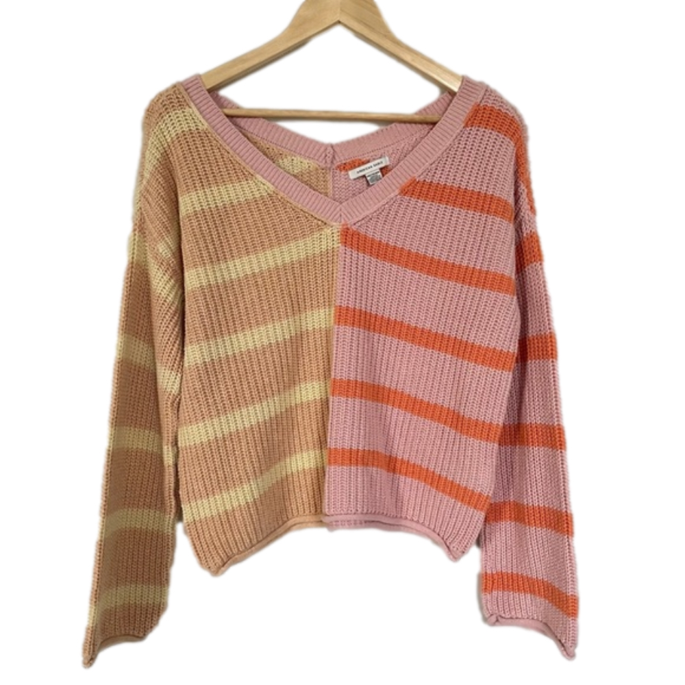 American Eagle Outfitters V-Neck Sweater in Pink and Orange Stripes